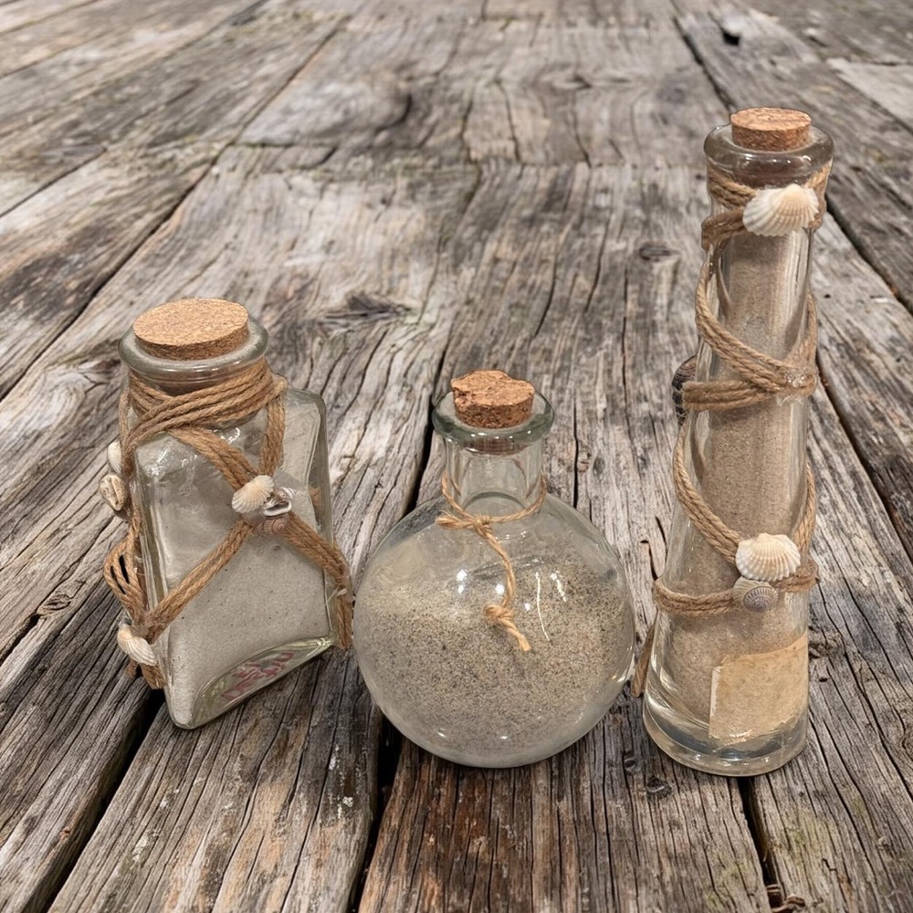 3pc Sand filled Glass seashell Bottle Set with Cork and Twine